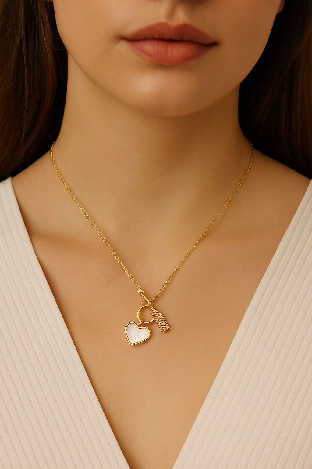 Cupid’s Arrow Heart Necklace – 18K Gold Mother-of-Pearl Pendant